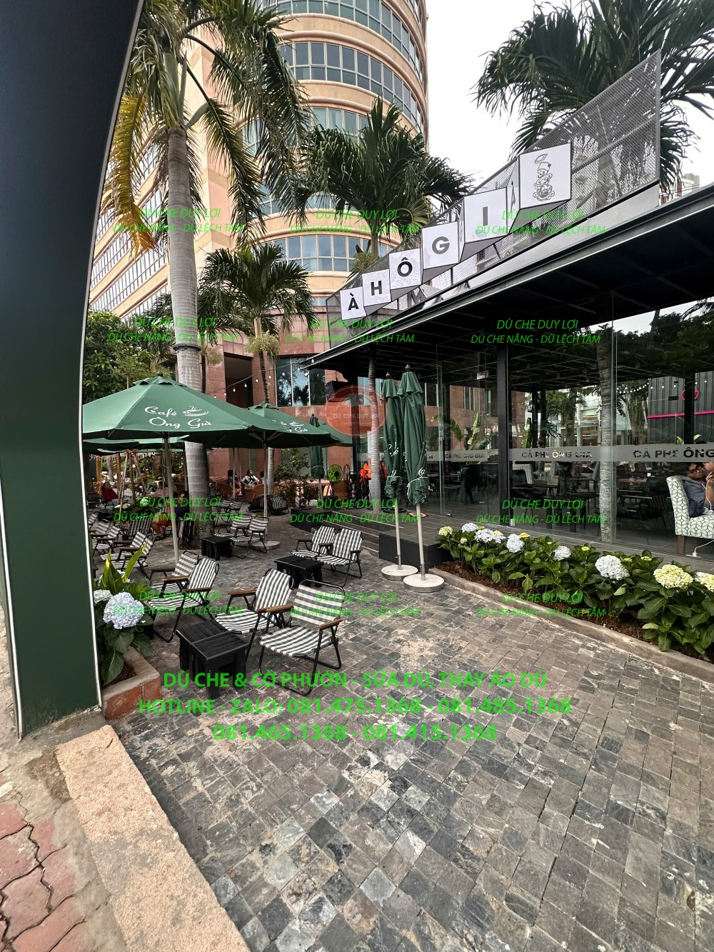 Góc nhìn lối đi và bàn ghế bên ngoài quán cafe dưới hàng cây.