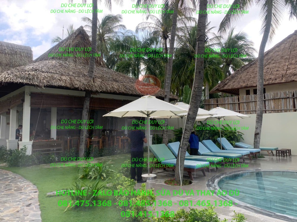 D&ugrave; tr&ograve;n đ&uacute;ng t&acirc;m m&agrave;u s&aacute;ng bố tr&iacute; giữa c&aacute;c ghế nghỉ b&ecirc;n hồ bơi v&agrave; h&agrave;ng dừa.